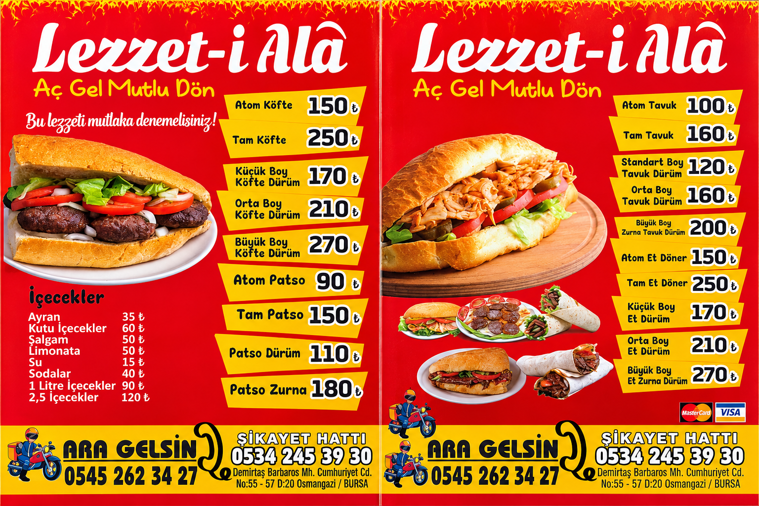 Lezzet-i Ala döner, köfte, patso ve içecekler menüsü